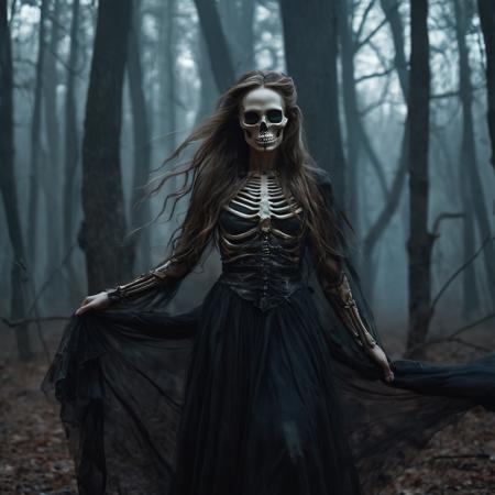 The Skeleton young Witch, flying, epoxy_skull, amidst a black swirling vortex in a dark, mystical forest. A beautiful woman with long hair stands, her figure draped in skeletal armor and an ethereal dress, engulfed by the swirling darkness. The scene is intensely cinematic, dominated by deep shadows pierced by subtle hints of light, crafting a dramatic interplay of darkness and luminescence. Wind, intensified to 1.2, weaves through the trees, enhancing her enigmatic silhouette, now surrounded by black smoke and the eye of a storm. Close-up on her sad expression, amidst sparkling embers and a billowing long piece of cloth, with a faint (intensity:0.5) hint of a Skeleton mask,