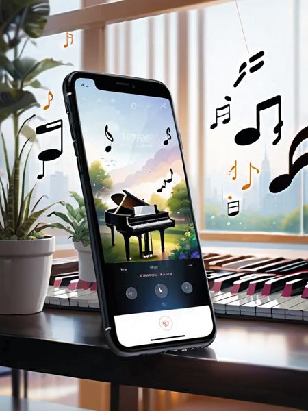 (mobile phone theme:1.2), (an extremely delicate and beautiful), (in phone screen:1.3) , (floating musical note:1.4), detailed European piano (Detailed musical notes:1.2), piano, detailed room, (greenhouse) Blurred background, fog in the distance, (Potted plants background), window, (phone screen background:1.3),huan,MG_ip