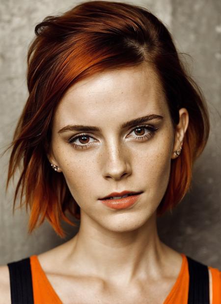 portrait of sks woman by Flora Borsi, style by Flora Borsi, bold, bright colours, orange Mohawk haircut, ((Flora Borsi)), <lora:locon_emmawatson_v1_from_v1_64_32:1>