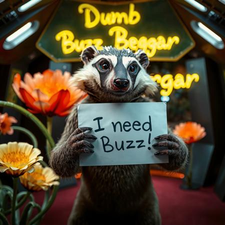 masterpiece, intricate photo, realistic outer space alien animal grinch badger holding a white sign on which is written "I need Buzz!", background interior of a spcecraft, giant alien flowers at the walls, in the background is written in neon letters "Dumb Buzz Beggar", hyper realistic, highly detailed, sharp focus, crepuscular lights in the background, dawn of technology, dark art, gothic art, cyberpunk style, best quality, high resolution, colorful, vibrant colors, studio lighting, high quality image, no wrong proportions, 8K