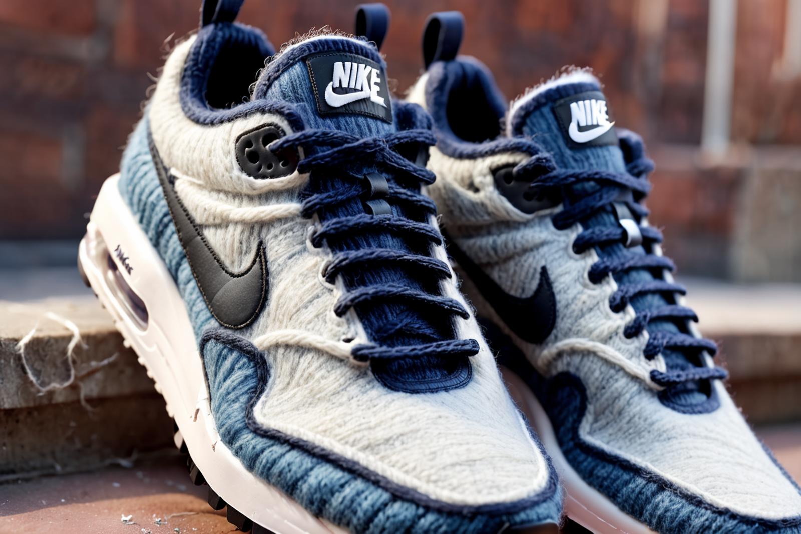 Blue and white Nike running shoes on a brick surface.