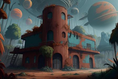 rust red military base in a blue alien jungle, planet in the sky, 8k, uhd, masterpiece, highest quality