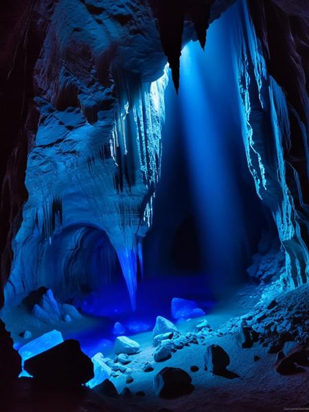 <lora:06NatureArt_Hap_XL:3.9>, Albert Bierstadt style,  fantasy cave, crystal formation, blue glow, stalactites, magical ambiance, sharp contrasts, darkness, ethereal lighting, shadow play, jagged rocks, mystical atmosphere, underground, mineral veins, perspective view, depth of field, low saturation, glowing effect, adventure setting, large cavern, rocky terrain, electric blue, purple hues, atmospheric mood, abstract shapes, illuminated crystals, eerie, exploration theme, mineral deposits, no watermark, no text, cave interior, natural elements, cool color palette, overhead lighting, indirect lighting, mineral glow, geology-inspired, energy veins, fantastic geology, cavernous space, no characters visible, no animals visible, no sky visible, best quality, aesthetic, recent, cartoon style,