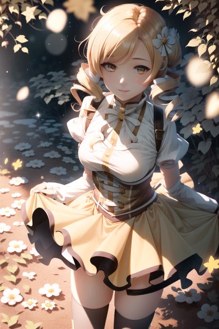 1girl, from_above, solo, Mami Tomoe, \(eye reflections\), yellow skirt, golden hour, detailed textures, posing, casual pose, garden, aesthetic, intricate, light rays, sunlight, bokeh, sparkle, shimmer, glitter, sharp focus, <lora:MamiTomoe:1>