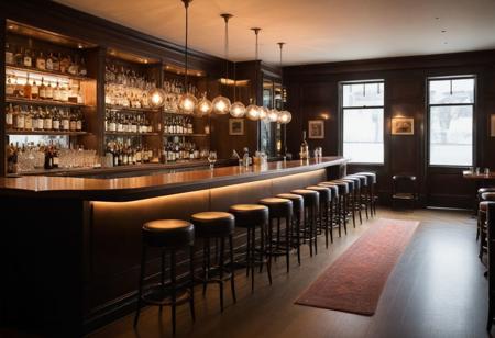 Surrounded by a low hum of conversation and the gentle clinking of glasses, the bar exudes a welcoming warmth. A long, polished wooden counter stretches along one side of the room, gleaming under soft, ambient lighting. High stools, upholstered in rich, dark leather, line the counter, facing a vast array of top-shelf spirits and liqueurs. An eclectic mix of patrons fills the space: couples sharing intimate conversations, groups of friends laughing and reminiscing, and lone individuals nursing their drinks with quiet contemplation. The aromas of fine whiskey and craft cocktails mingle with the faint scent of leather and polished wood, while a sultry jazz soundtrack plays softly in the background.