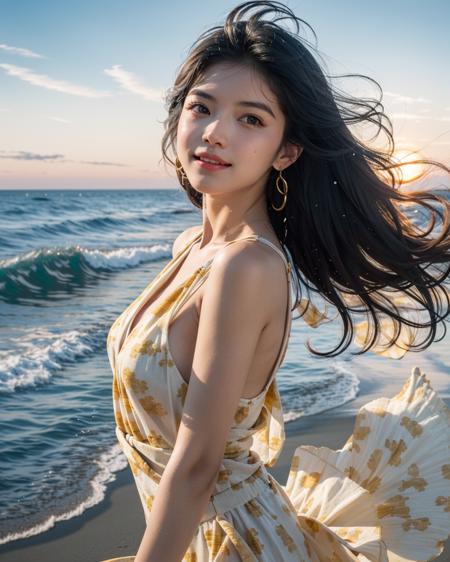 1girl, boho-inspired outfit, layered jewelry, tousled beachy waves, (radiant eyes, sun-kissed skin, carefree facial expression), golden sand and ocean backdrop, sunset lighting, dynamic movement (flowing fabric, splashing water), vibrant colors, textured details, wide-angle perspective.
portrait photography, 35mm film, natural blurry, filmg, <lora:FilmG3:0.8>