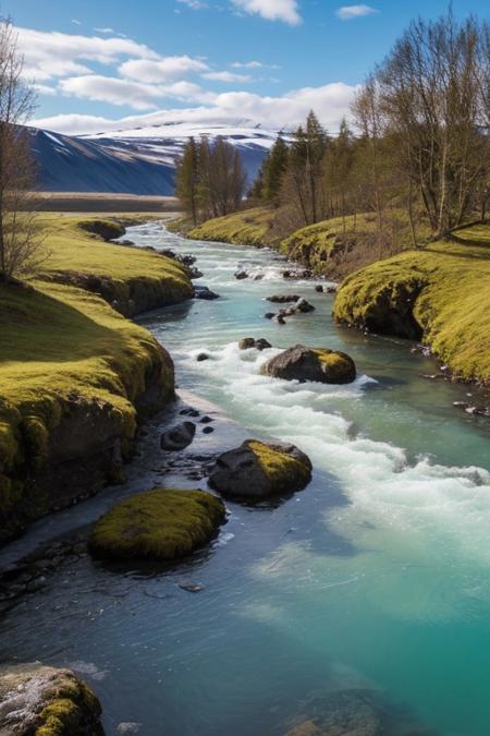 RAW photo, Iceland, delicate nature, wild nature, picturesque scenery, pristine vegetation, calm sky, majestic landscape, enchanting atmosphere, icy river, crystal water, sunlight illuminates the icy water, photorealistic, masterpiece, 64k, UHD, ultra detailed, vivid colors, high quality, sharp focus