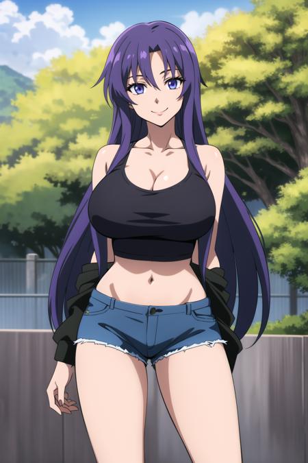 (Masterpiece), high quality, best quality, clean, highly detailed, madhouse-Animestyle, <lora:MadHouse-Anime_Style:1.8>, 1girl, solo, long hair, breasts, looking at viewer, smile, blue eyes, huge breasts, navel, cleavage, standing, purple eyes, collarbone, dark blue hair, outdoors, shorts, day, midriff, tree, crop top, short shorts, black shorts, fence, railing, dolphin shorts, cowboy shot,