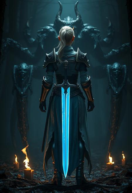A dark fantasy shot from behind of a  female elf knight with a blonde ponytail in white and gold heavy armor facing down a giant eight legged dark grotesque monster in the dark woods. she is holding a greatsword in both hands that is glowing blue, her dress is tattered and ripped which reveals her armored legs. there are torches on  the floor that light the scene, the shot  takes place at night in the pitch black darkness,  the monster is barely visible in the shadow <lora:Hand v2:1> detailed hands,  <lora:aidmaMJ6.1_v0.5_3:0.6> aidmamj6.1