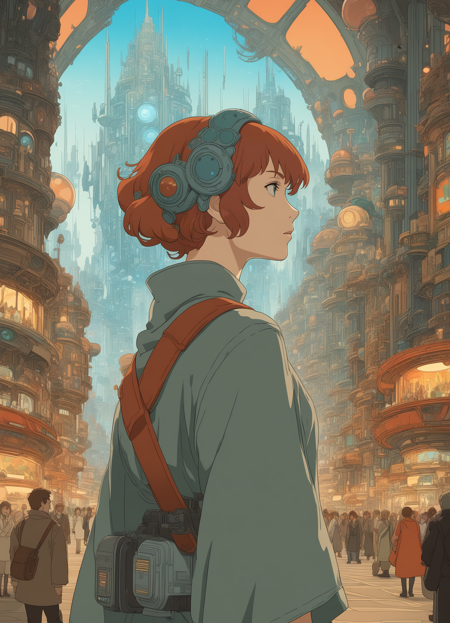 by Studio Ghibli and Alphonse Mucha, thick (science fiction scene:1.1) , looking away from camera, city, Selective focus, looking right