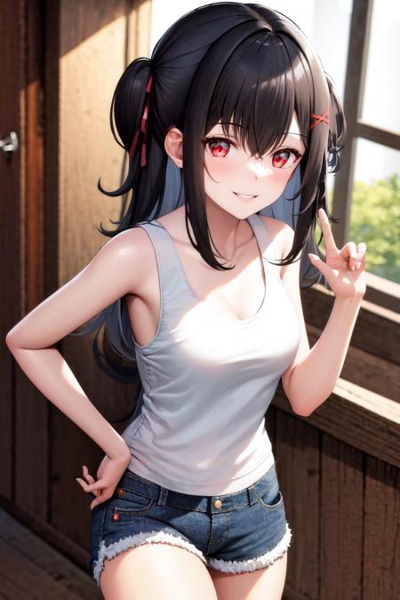 masterpiece, best quality, highres, 1girl red ribbon hair ribbon <lora:nagisa_natsunagi_no_outfit:1> white tank top, denim shorts, smile, hand on hip