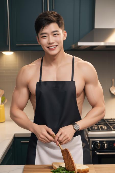 1boy, Short Spiky Hair, smile, teeth, watch, 
<lora:Max Huang:0.7:FACE>
(nude kitchen apron:1.2)
Muscular Frame,
looking at the viewer,
fish, steak,