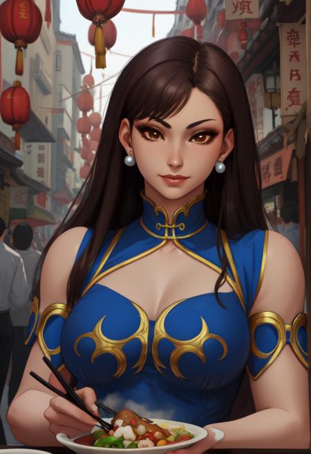 chun li,  brown hair, brown eyes,   long hair, 
chinese clothes, pearl earrings , 
sitting,  upper body,  smile, 
chinatown,  restaurant, 
 morning, 
(insanely detailed, beautiful detailed face, beautiful detailed eyes, masterpiece, best quality),solo, <lora:chunlieSF6:0.8>