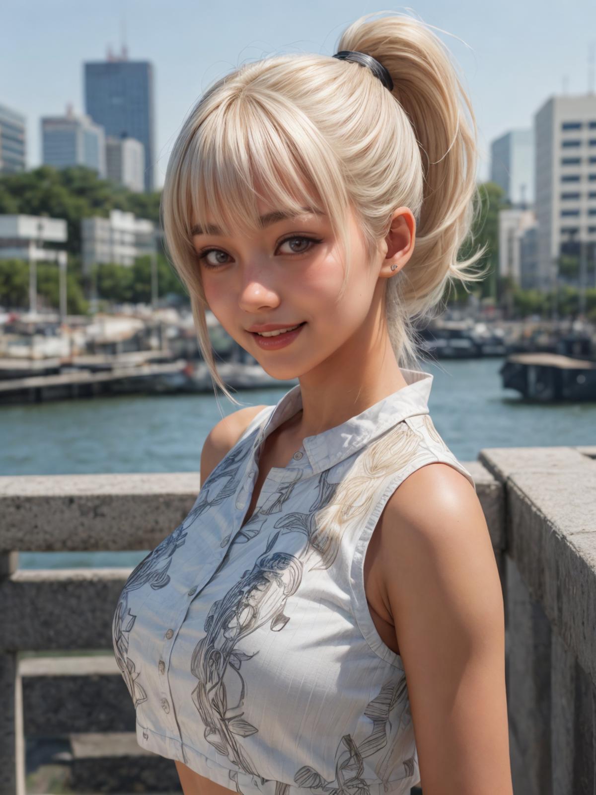 A pretty young girl with long blonde hair wearing a white top posing for a picture.