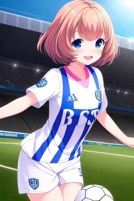 (masterpiece, best quality), highly detailed background, perfect lightingbest quality, oguramegumi, solo, outdoors, soccer, brown hair, short hair, blue eyes, red shirt, vertical stripes, striped shirt, jersey, adidas, white shorts, sportswear, soccer uniform, smile, open mouth, :d, pink lips, <lora:Ogura-Megumi:0.7>