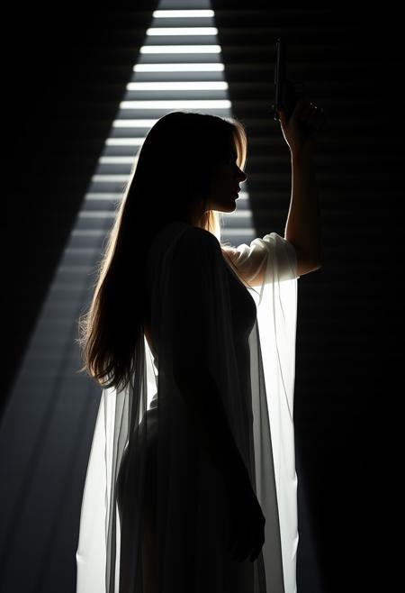 The composition features a stylized, high-contrast design typical of film noir. In the foreground, there is a figure of a woman standing in profile view. She has long hair and is wearing a white garment that appears to be sheer, as it reveals the backlit silhouette of her body underneath. She wears red lipstick. Her right arm is raised, holding a revolver with the barrel pointed upwards. The background consists of shades of black and grey and venetian blinds that create a dramatic high-contrast light effects, adding to the atmosphere of the ultra high detailed photo. Perfect composition, award-winning masterpiece.