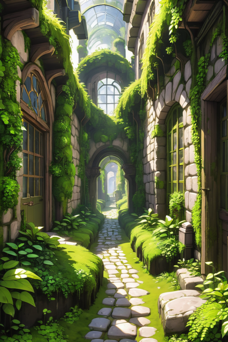 natural sunlight, interior, in a Discordant Mossy cobblestone alley in a European town<lora:EnvyBetterHiresFixXL01:0:hr=1><lora:EnvyGardencoreXL01:1>