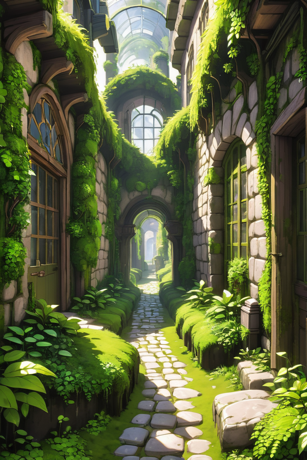 An Artistic Illustration of a Pathway Lined with Greenery and Ivy