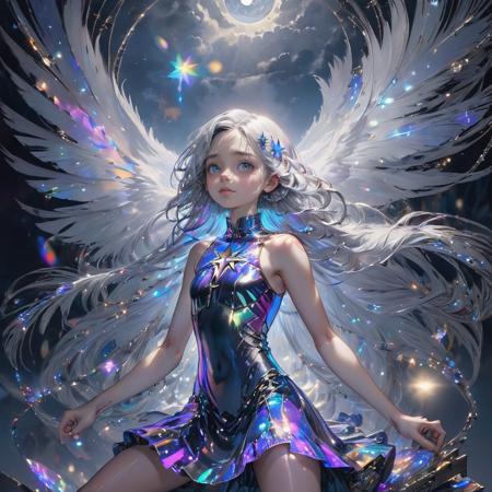 This is a masterpiece of art with a high level of quality and detail. The girl in the picture sits on a blue star, inside a church. She had white hair and blue pupils, surrounded by many glowing feathers, and a cold facial expression. Her long hair was fine and complex, like filaments. Her body took on a broken and silvery effect. The background of the picture is night, with many bright colored lights and rich clouds, and the moon is also hidden by clouds. There are also many glowing particles in the sky, adding to the mystery and movement of the picture. The details of the picture are extremely fine, including the girl's hair, face, body, etc. are clearly visible. In addition, the picture also uses the depth field technique, showing a very three-dimensional picture.