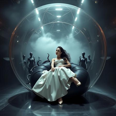 Ethereal, raven-haired Norwegian socialite, clad in a sumptuous, silk satin wedding gown and stiletto heels, laying in  giant black glossy ring satin pillow, ensnared within a gargantuan, crystalline jelly dome, its translucent walls glistening with an otherworldly sheen, as if infused with an extraterrestrial essence. Tentacles, like ghostly fingers, wrap around her lithe form, emerging from the depths of a fog-shrouded abyss, while a coterie of black, Victorian-era mannequins, draped in tattered, luxurious ball-gowns, stand as silent witnesses, frozen in a tableau of macabre elegance. Above, a blindingly intense light beam illuminates the scene, casting an eerie glow upon the polished steel floor, which seems to stretch on forever, like a catwalk into the very abyss of madness. The atmosphere is heavy with foreboding, as if the very fabric of reality is about to unravel, revealing the dark, labyrinthine recesses of a long-abandoned, cosmic horror. Inspired by the surreal, biomechanical visions of H.R. Giger, the eerie, atmospheric lighting of Roger Dean, and the masterful, cinematic storytelling of Ridley Scott, this haunting, live-action film still is a testament to the transcendent power of cinematic art, with its meticulously crafted, 35mm film aesthetic, replete with subtle, film grain textures, and a rich, color graded palette, evoking the very essence of a bygone era, lost in the depths of space and time.