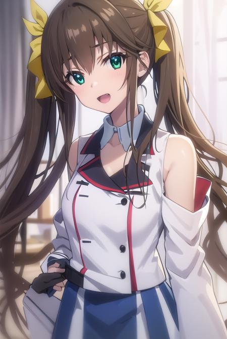 lingyinhuang, <lora:lingyin huang s2-lora-nochekaiser:1>,
lingyin huang, long hair, brown hair, ribbon, twintails, (green eyes:1.3), hair ribbon, fang, smile, open mouth,
BREAK bare shoulders, detached sleeves, school uniform, ribbon, blue ribbon, (red trim:1.2), uniform, military uniform, (white military uniform:1.5),
BREAK indoors, classroom,
BREAK looking at viewer, (cowboy shot:1.5),
BREAK <lyco:GoodHands-beta2:1>, (masterpiece:1.2), best quality, high resolution, unity 8k wallpaper, (illustration:0.8), (beautiful detailed eyes:1.6), extremely detailed face, perfect lighting, extremely detailed CG, (perfect hands, perfect anatomy),