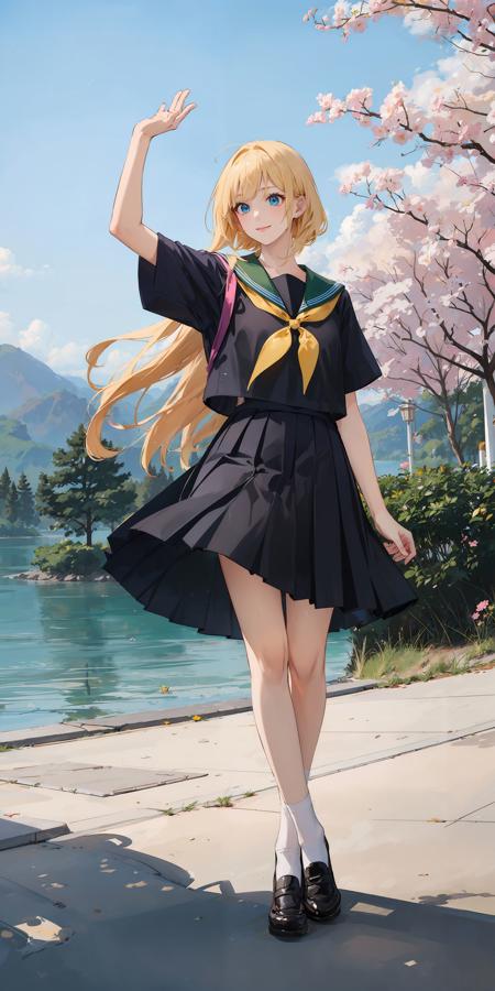 <lora:serafuku:0.6>, best quality, 1girl, long hair, blonde hair, blue eyes, (white/black/green/blue/pink/yellow japanese school shirt), sailor collar, neckerchief, short sleeves, black/green/blue/pink/white/yellow skirt, white socks, black shoes, smile,full body, dancing, outdoors, park, lawn, trees, sunshine, lake, mountains, flowers,