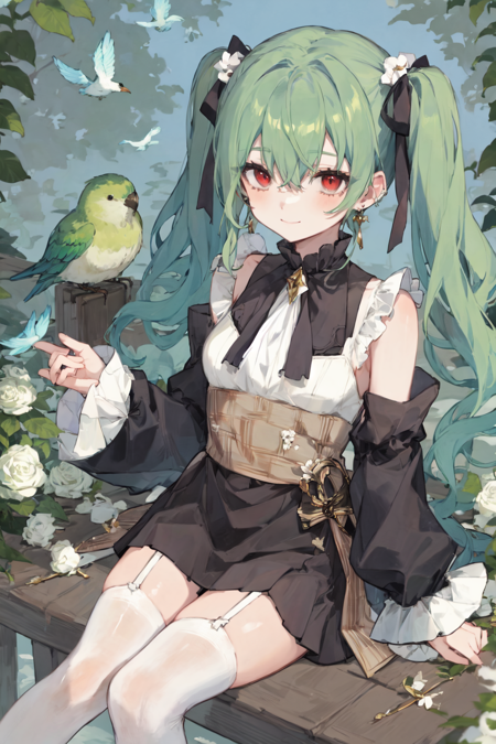 best quality, masterpiece, extremely detailed, detailed background, 1girl, bird, red eyes, twintails, thighhighs, solo, sitting, skirt, smile, long hair, detached sleeves, white thighhighs, flower, jewelry, black skirt, earrings, shirt, garter straps, white flower, green hair, white shirt, bow, closed mouth, ribbon, bare shoulders, hair between eyes, hair bow, black bow, frills, ascot, bangs, long sleeves, looking at animal, rose <lora:bacheally128dim-epoch-000006:1>