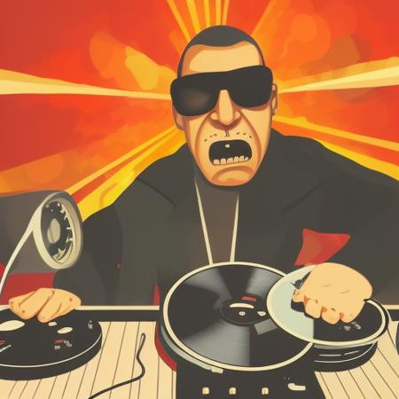 vlozhkin   angry Russian DJ in sunglasses turns vinyl records in a discoclub, grammophone,  Russian village,  vlozhkin detailed man's  face,   vlozhkin style, illustration, art