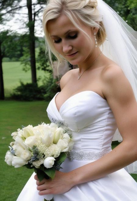 beautiful blond bride, flowers, wedding dress, outdoor wedding photography, downblouse, nipple slip