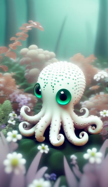 a white octopus sitting in the woods with a lot of flowers, in the style of rendered in cinema4d, elaborate costumes, furry art, mist, light emerald, angura kei, delicate brushwork