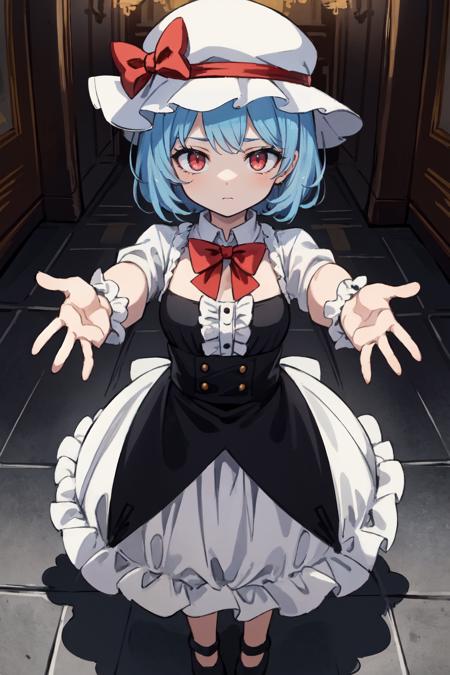 (masterpiece, best quality:1.2), (illustration), Ray Tracing, global Illumination, full body,  standing, 
1girl, solo, vampire, wrist_cuffs, bowtie, frills, hat, hat_bow, mob_cap, outstretched_arms, red_bow, red_bowtie, red_eyes, short_hair, silver_hair,, (8k), (4k), Brilliant Colorful Paintings, Dramatic Shadow, An Extremely Delicate And Beautiful, Best Shadows, extremely detailed, intricate, sharp focus, hyper detailed, Shallow Depth of Field, Dramatic Lighting,