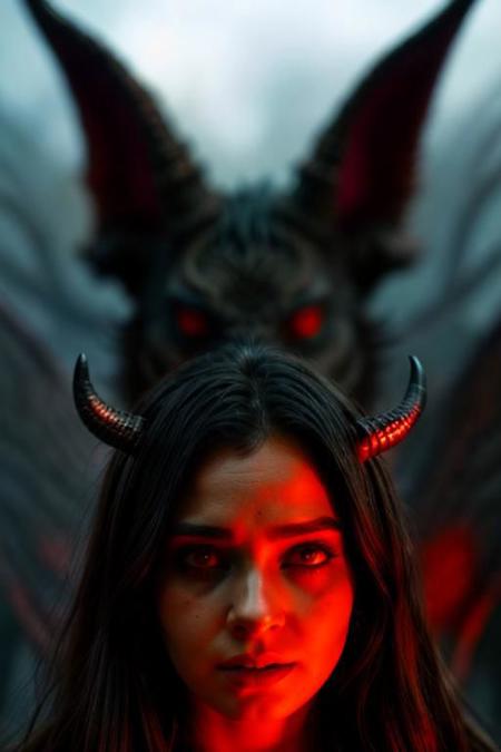 a woman in horns standing next to demonic looking creatures and a demon, 1girl, horns, red eyes, Black Eyes