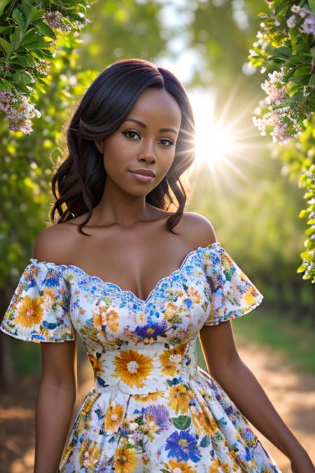 portrait of DEN_jezabel_vessir wearing a dress in an orchard on a sunny day,
summer dress, floral dress, clothed, god rays, dust, lens flare,
masterpiece, high detail, detailed, photorealistic, beautiful eyes,