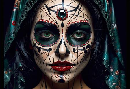 on a real mexican's catrina perfectly detailed face, tears of blood, The overall style is reminiscent of Jasper Johns's work, catrina with deep green eyes, one blood tear.The piece features a distorted, elongated face, expressing both joy and sorrow. The background showcases a series of sharp, jagged lines and shapes, evoking a sense of fear and fright.