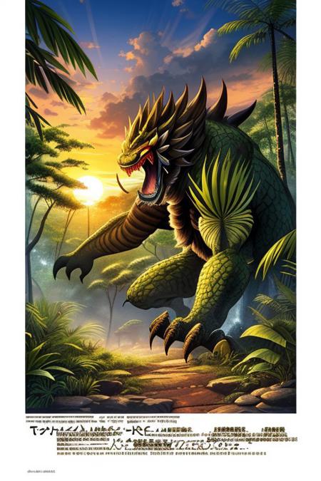 a big ferocious Japanese kaju, jungle, sunset, illustration in the style of ASstyle001