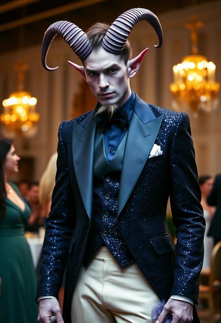Handsome satyr demon man with lavender skin and curling purple horns, goat legs with lavender fur. Dark blue glitter tuxedo jacket, ascot. Photograph 35mm.