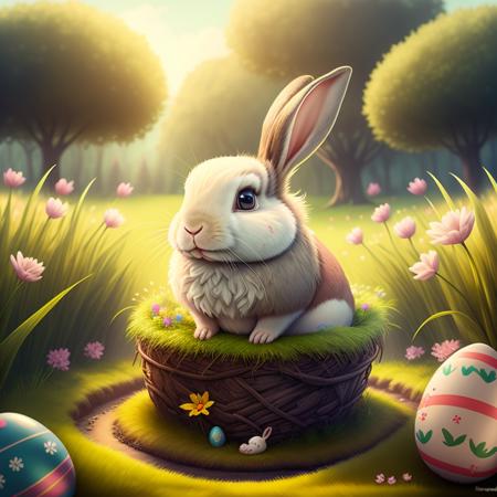 there is a rabbit that is sitting in a hole in the grass, easter, rabbt_character, bunny, cute anthropomorphic bunny, astri lohne, cute detailed digital art, rabbit_bunny, by Aleksander Gierymski, by Patrick Brown, by (Randy Gallegos:1.46), rob mcnaughton, adorable digital painting, background artwork neon style by James Jean fine hair young Emma Watson