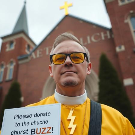 Man wearing yellow tinted glasses and a yellow priest uniform in front of church like building which has a gold lightning bolt symbol on its spire roof, he is wearing golden lightning bolt symbol necklace prominently visible, he is holding sign with text "Please donate to the church of BUZZ!"