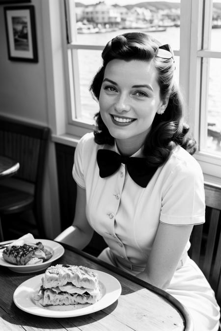 perfect photo).(Extremely detailed image). High Quality. UHD. 8k.(black and white:1.5), (1940s movie:1.4)(detailed face:1.2)(20 years old girl having lunch in coastal restaurant:1.4)(Smiling expression:1.4)(Short summer dress:1.3)(Seaside visible through side window:1.3)(table with food in the foreground:1.4), (Vintage coastal restaurant ambiance:1.2)(Bright daylight with soft shadows:1.1)(Classic 1940s fashion and decor:1.4)<lora:more_details:1>
