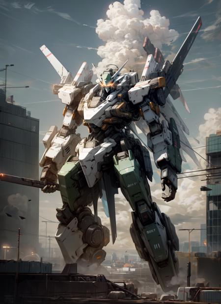 sky, cloud, holding_weapon, no_humans, glowing, , robot, building, glowing_eyes, mecha, science_fiction, city, realistic,mecha