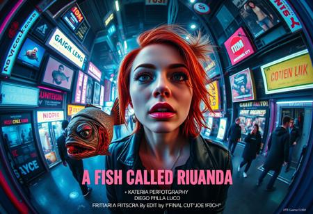 **“A captivating and surreal movie poster for A Fish Called Ruanda, a futuristic B-movie thriller with a girly, campy twist. The scene is viewed through the exaggerated distortion of a fish-eye 12mm cinema prime lens, pulling the viewer into the chaotic, neon-soaked dystopian cityscape. Front and center is the main actress, Katarina Pesceallegro, a striking redhead with a mix of glamour and danger in her expression. Floating ominously nearby is a grotesque, decaying fish, symbolizing the ‘very rotten climax.’
The poster includes bold, retro-futuristic typography for the title A Fish Called Ruanda, with the subtitle in Polish beneath it. The credits at the bottom feature:
	•	Directed by: Max Morrison
	•	Director of Photography: Diego Dalla Luce
	•	Edited by: JOE “FINAL CUT” Switcho
	•	Main Actress: Katarina Pesceallegro
	•	Co-Starring: JOE FISH
	•	With the Cameo of: STEWEN SEAGULL
The design blends neon tones, gritty textures, and campy B-movie flair, making it a trendsetting cinematic experience that teases its quirky, action-packed storyline.”**