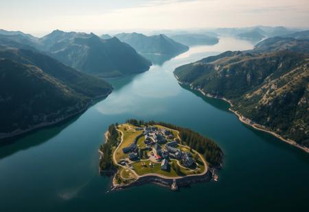 a huge lake surrounded by mountains on three sides, on the side without mountains is a viking village with stone fortifications, birds eye view, from above, sunny day, atmospheric, Max Details, sharp focus, high contrast, vibrant colors, ultra quality, 8k, best quality, masterpiece,