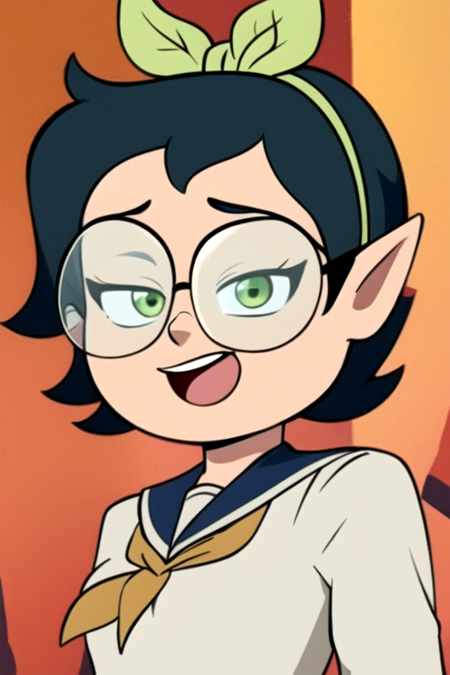 masterpiece, best quality, <lora:willow_timeskip:0.9>, 1girl, solo, green eyes, smile, open mouth, short hair, hairband, glasses, pointy ears, serafuku, sailor collar, red neckerchief, upper body,