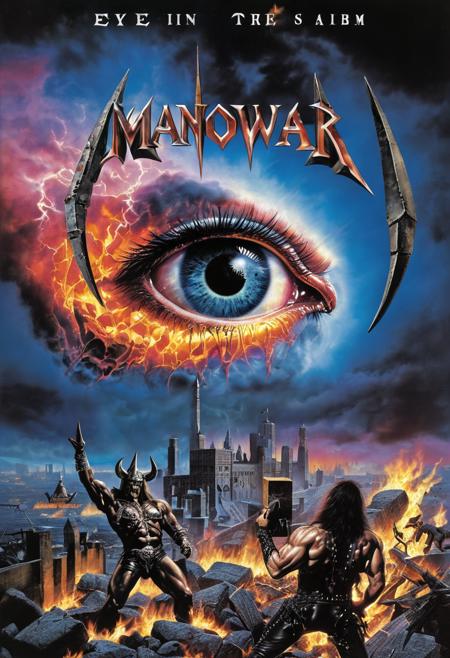 Manowar album cover, eye in the sky, heavy metal, 80s style art, the devil, 666, rubble, blazing fire, (ducks), studded leather, pentagram, devil horns, darkness, masterpiece,