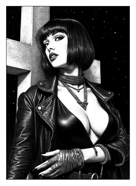Apollonia Saintclair Style: Neo-Noir Ink Drawing