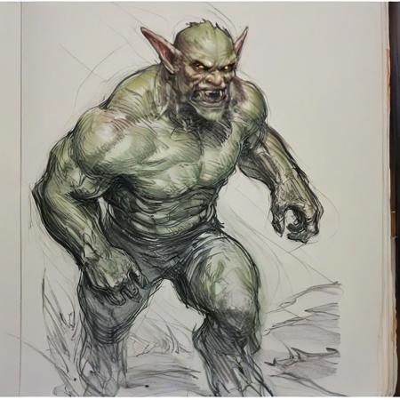 evang close up of world of warcraft art, rough beast, muscular goblin , easynegative, evang, monochromatic, traditional media