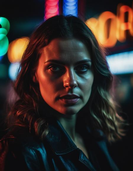 photo of a German-Chilean woman, dark theme, artificial lighting, neon signs, bokeh, cinematic, dramatic, epic