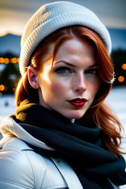 Closeup portrait of \(waifu: Aurora\), wearing a balck scarf and a white coat, outdoors, winter, daylight, snowing, swansen, pale_redhead