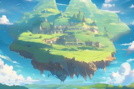 Fantastic flying castle, Ghibli style, scenery, outdoors, fantasy, clothesline, cloud, sky, day, floating island