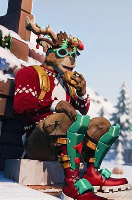 <lora:Fortnite_Dolph-000090:0.7>, looking at viewer, best quality, volumetric lighting, outside, cgi, 3d, octane render, ambient occlusion, Fortnite_Dolph, Novelty Glasses, Christmas Sweater, Belt, Christmas Stocking, Christmas Lights, Candycane, Pistol Holster, Christmas Ball Ornament, Khaki Pants, Shin Guards, Boots, (((sitting, open mouth, eating a hamburger))), <lora:betterrameneating_11:1>